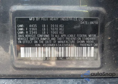 2010 Subaru Legacy 2.5I Limited from USA, damaged, VIN 4S3BMBK63A3245630